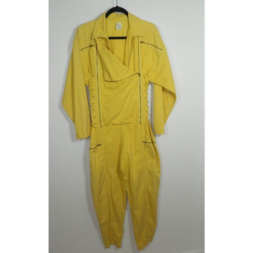 Vintage‎ Jumpsuit Moto Style Size Medium Yellow Zip Up Long Sleeve Side Lace